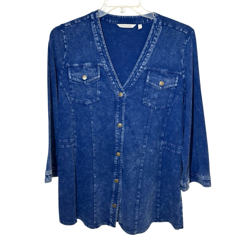 Soft Surroundings Womens Tunic Shirt Size XL Acid Wash Blue Snap Front